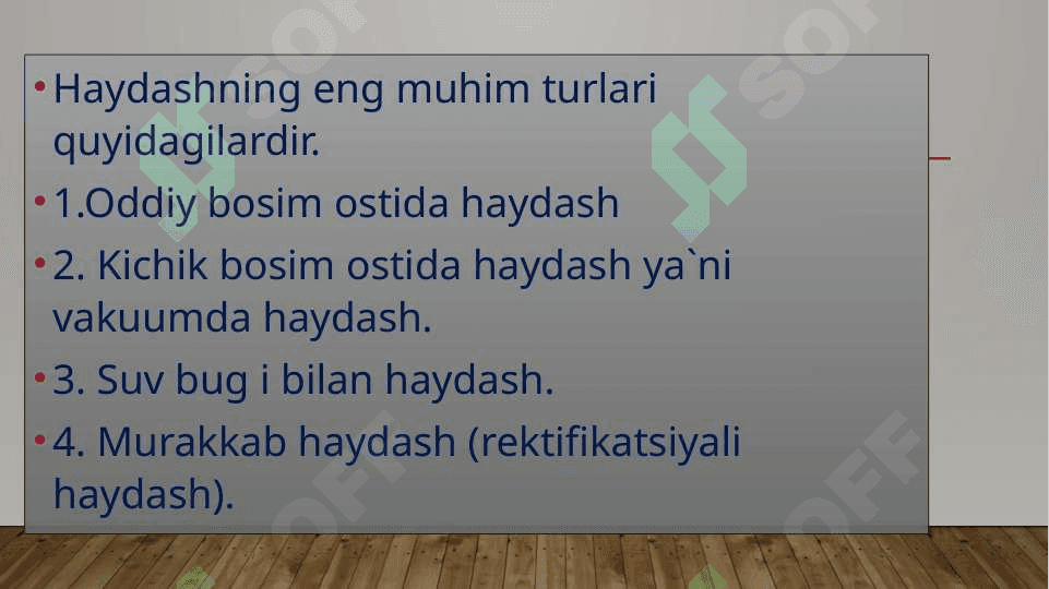 Neft va tabiiy gazlarni komponentlarga ajratish usullari, haydash, rektifikatsiya, ekstraksiya, adsorbsiya, kristallanish va ekstraktiv kristallanish, termik diffuziya, membranalar orqali diffuziya 6