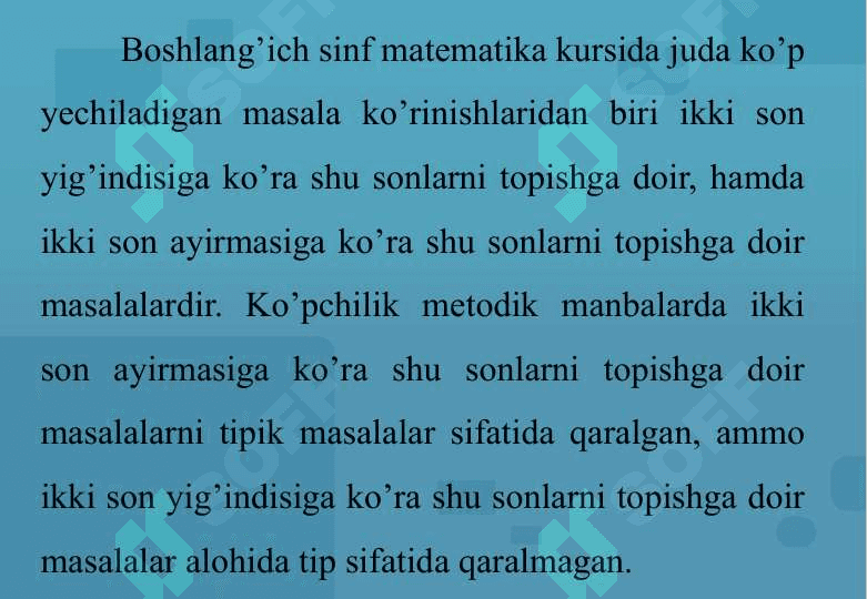 IKKI YOKI BIR NECHA SONNI ULARNING YIG’INDISI (YOKI AYIRMASI) VA KARRALI NISBATIDAN TOPISHGA DOIR MASALALAR. IKKI MIQDORNING AYIRMASIDAN NOMA’LUMNI TOPISHGA DOIR MASALALAR. 2