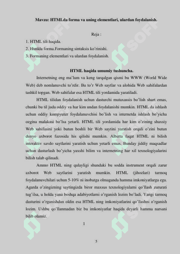 HTMLda forma va uning elementlari, ulardan foydalanish. 2