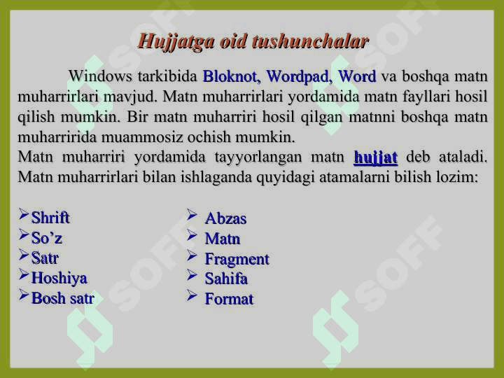 Microsoft Word matn protsessori. Matnli hujjatlar bilan ishlash texnologiyasi. 3