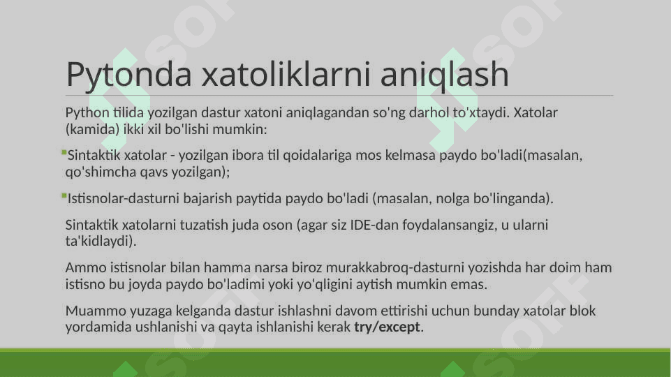 Pythonda xatolani tekshirish va istisnolar (try except) 8