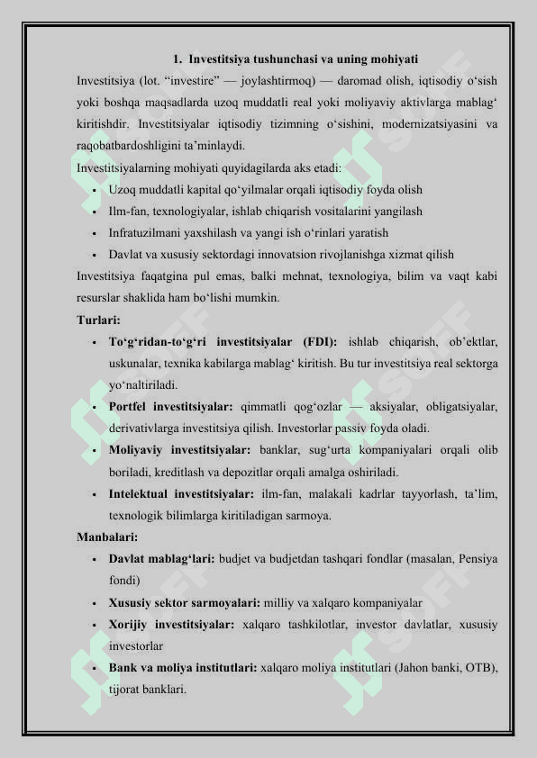 Investitsiyalarning mahiyati,grafigi va funksiyalariInvestitsiyalarning mahiyati,grafigi va funksiyalariInvestitsiyalarning mahiyati,grafigi va funksiyalari 3