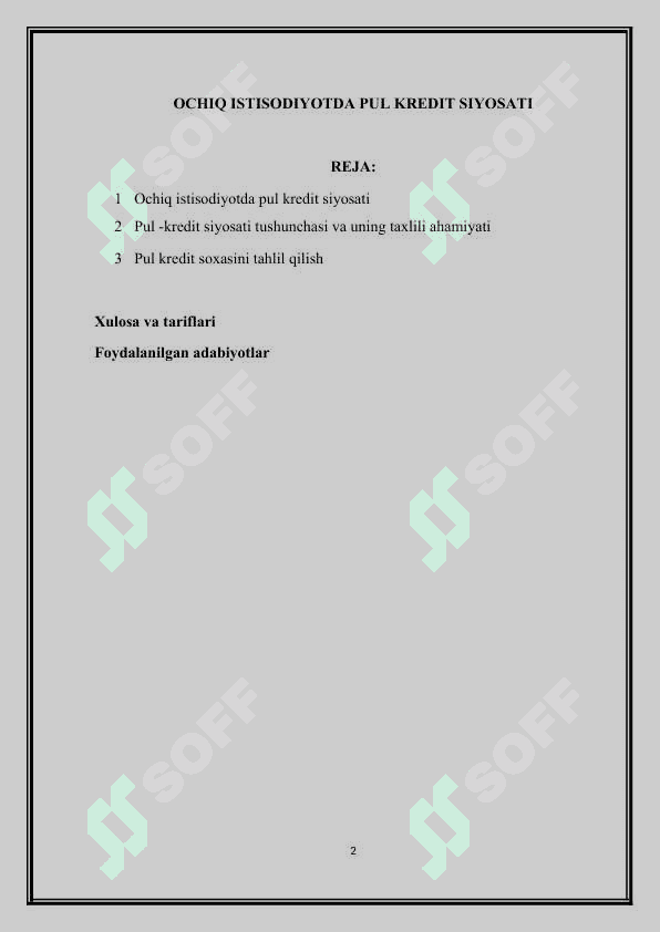 OCHIQ ISTISODIYOTDA PUL KREDIT SIYOSATI 2