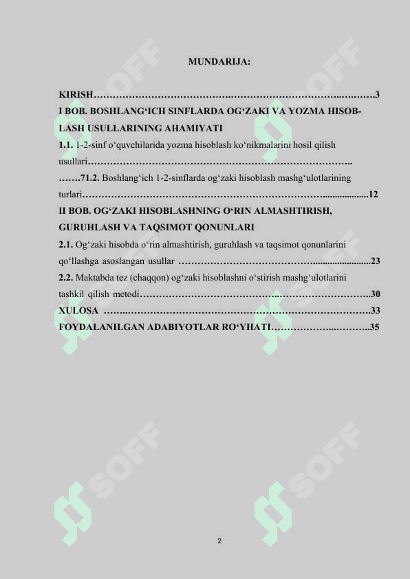 BOSHLANG‘ICH SINFLARDA MATEMATIKADAN OG‘ZAKI HISOBLASHGA O‘RGATISH METODIKASI 1-2-SINFLARDA TIZIMNI ISHLAB CHIQING 2