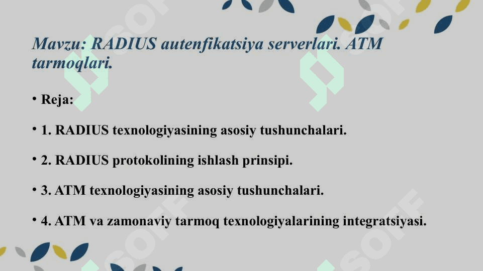 RADIUS autenfikatsiya serverlari. ATM tarmoqlari. 2