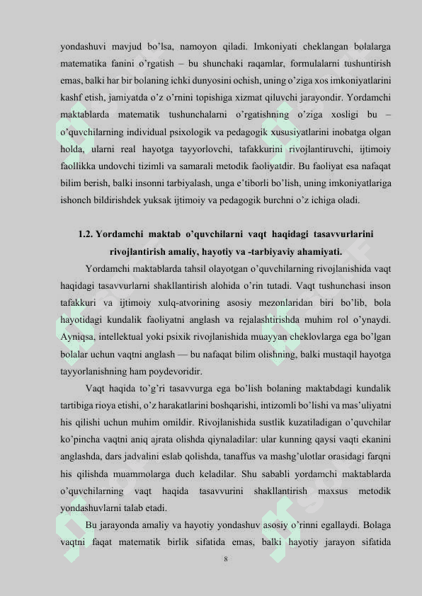 Yordamchi maktabda vaqt tasavvurlarini o’rgatish metodikasi 8