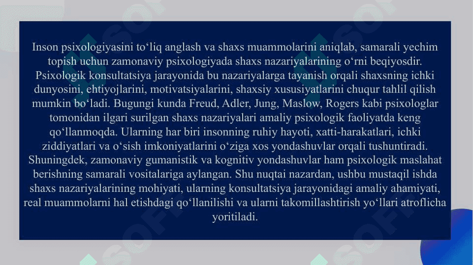 Shaxs nazariyalarida psixologik konsultatsiya slayd 3