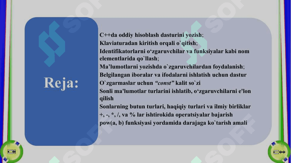 O‘zgaruvchilarga qiymat kiritish va chiqarish operatorlari. printf(), scanf() funksiyalari. Tarmoqlanuvchi operatorlar. Shartli o‘tish operatori (if), tanlash operatori (switch). Takrorlanuvchi operatorlar. Parametrli sikl operatori (for), old shart while va so‘ng shart do while operatorlari 2