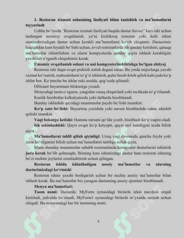 RESTORAN XIZMATI FAOLIYATI HAQIDA DASTUR ILOVASINI YARATISH 5