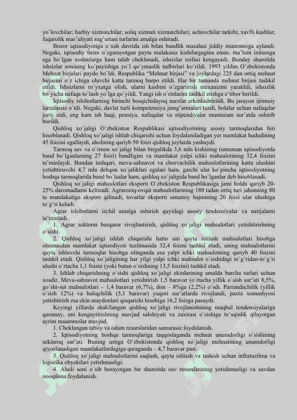 IQTISODIY ISLOHOTLAR, XUSUSIY MULKChILIKNING SHAKLLANISHI. O`ZBEKISTONDA BOZOR MUNOSABATLARINING RIVOJLANIShI. 8