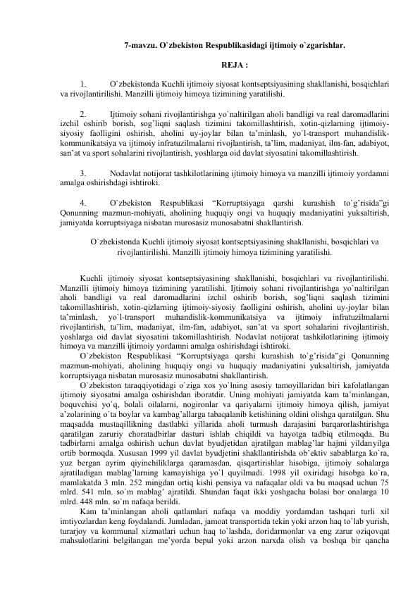 O`zbekiston Respublikasidagi ijtimoiy o`zgarishlar.