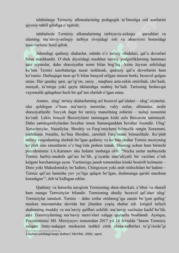 “Termiziy allomalarning pedagogik ta’limotlari” kursining nazariy mashg’ulotlari mazmuni 2