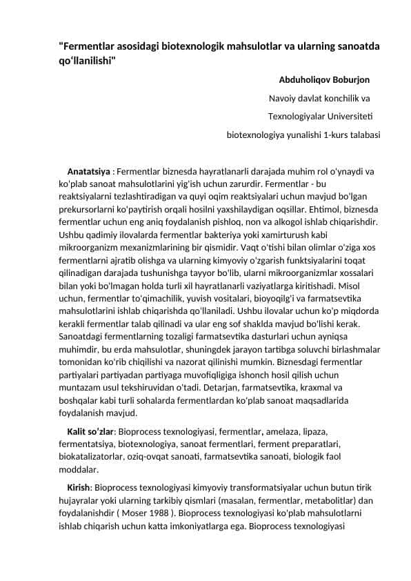 Fermentlar asosidagi biotexnologik mahsulotlar va ularning sanoatda qoʻllanilishi"