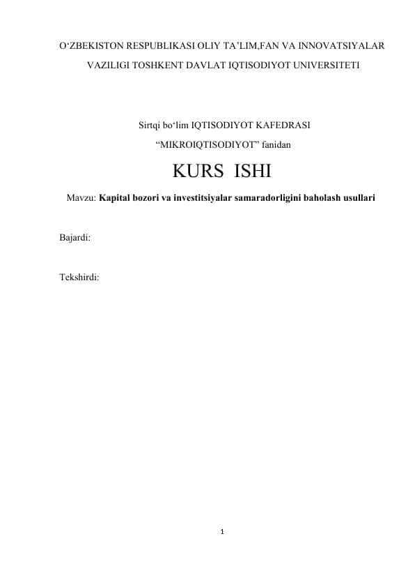 Kapital bozori va investitsiyalar samaradorligini baholash usullari