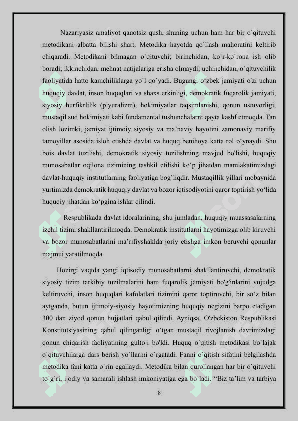 HUQUQ FANLARINI MASOFADAN O’QITISH METODINING QO’LLASHNING  OBYEKTIV ASOSLARI, AFZALLIKLARI VA MUAMMOLARI 8