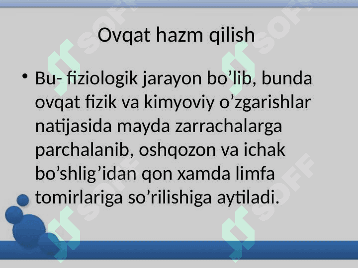 Ovqat hazm qilish sistemasi. Moddalar va energiya almashinuvi yosh xususiyatlari va gigienasi. Vitaminlar.  Bolalar va o’smirlarning ovqatlanish tartibi va uni tashkil etish. Bolalar va o’smirlarning ovqatlanish gigiyenasi 2