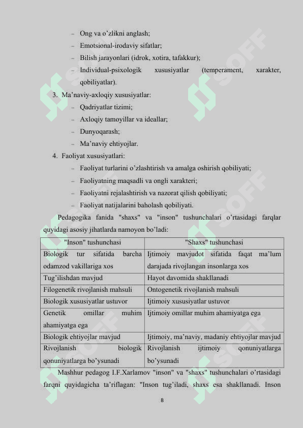 PЕDАGОGIKАDА SHАXS TUSHUNCHАSI INSОN TUSHUNCHАSIDАN FАRQLI О’LАRОQ, U INSОNNING IJTIMОIY XUSUSIYАTLАRI 8