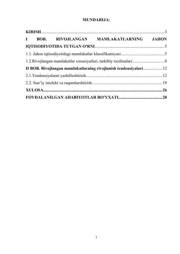 RIVOJLANGAN MAMLAKATLARNING JAHON IQTISODIYOTIDA TUTGAN O’RNI