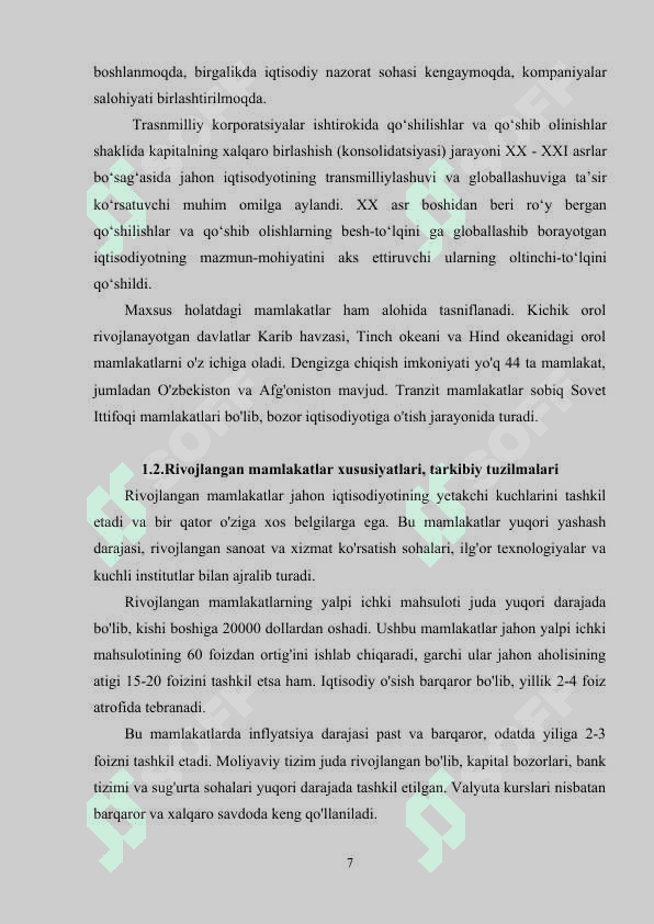 RIVOJLANGAN MAMLAKATLARNING JAHON IQTISODIYOTIDA TUTGAN O’RNI 7