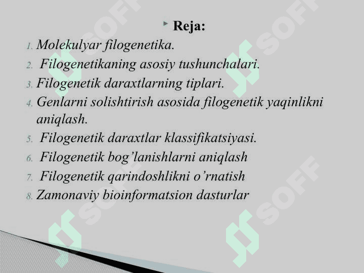 Molekulyar filogenetika. Zamonaviy bioinformatsion dasturlar (ClustalW2, T,Coffee va boshqalar 2