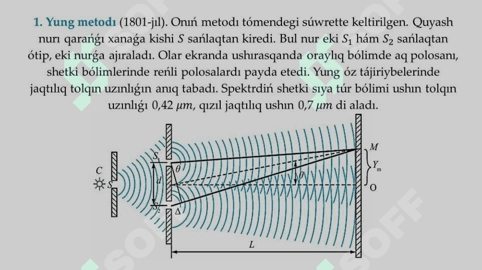 Jaqtılıq interferenciyası hám difrakciyası. Jaqtılıq dispersiyası. Spektral analiz. Jaqtılıqtıń polyarizaciyalanıwı. Infraqızıl nurlanıw. Ultrafiolet nurlanıw. Rentgena nurlanıw hám onıń engiziliwi. Jaqtılıq aǵımı. Jaqtlıq kúshi 4