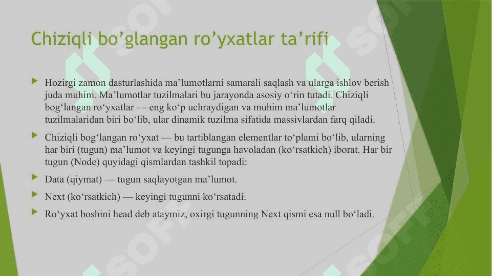 Chiziqli bo’glangan ro’yxatlar. 2