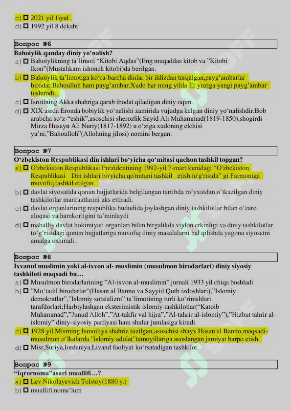 dinshunoslik testlar 2