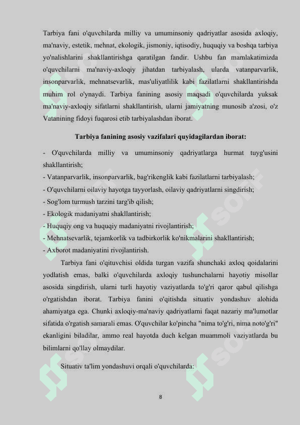 SITUATIV TA`LIM ASOSIDA UMUMTA`LIM MAKTABLARIDA TARBIYA FANINI O`QITISH 8
