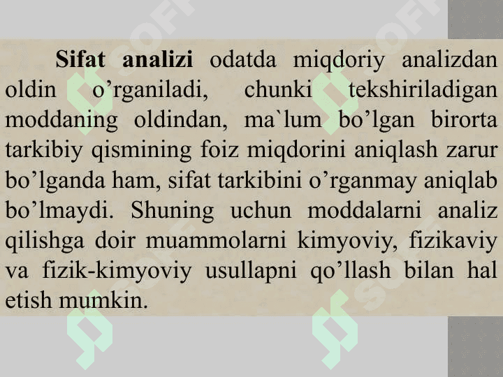 ANALITIK KIMYO FANI VA UNING USULLARI. SIFAT ANALIZ USULLARI. KATIONLARNING ANALITIK GURUHLARGA BO‘LINISHI 8