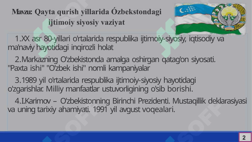 Qayta qurish yillarida Ózbekstondagi ijtimoiy siyosiy vaziyat 20 varaq slayd 2