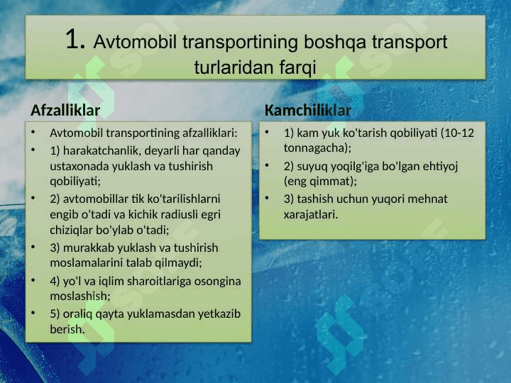 Avtomobil transporti rivojlanishining o'ziga xos jihatlari 4