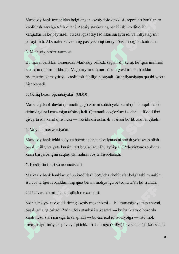 O’ZBEKISTON RESPUBLIKASIDA MONETAR SIYOSAT TIZIMINING O’ZIGA XOS XUSUSIYATLARI 8