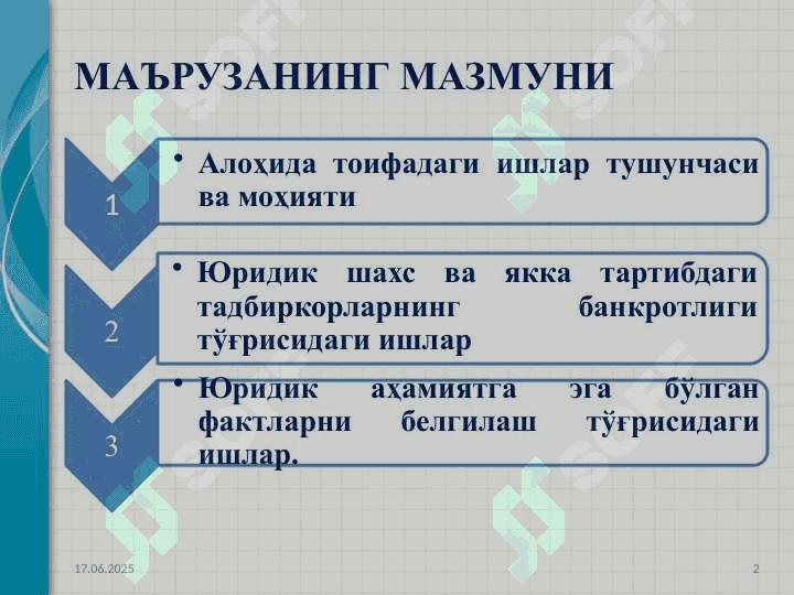 АЛОҲИДА ТОИФАДАГИ ИШЛАР БЎЙИЧА ИШ ЮРИТИШ ХУСУСИЯТЛАРИ 2