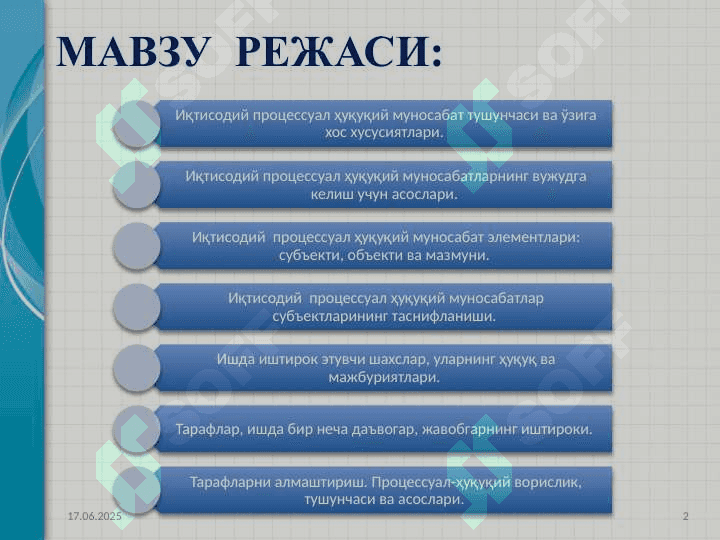 ИҚТИСОДИЙ ПРОЦЕССУАЛ  ҲУҚУҚИЙ МУНОСАБАТЛАР ВА УНИНГ ЭЛЕМЕНТЛАРИ 2