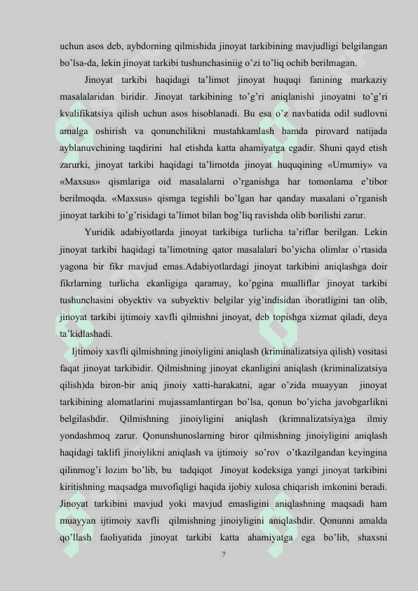 Jinoyat tarkibi tushunchasi va uning o’ziga xos xususiyatlari 7