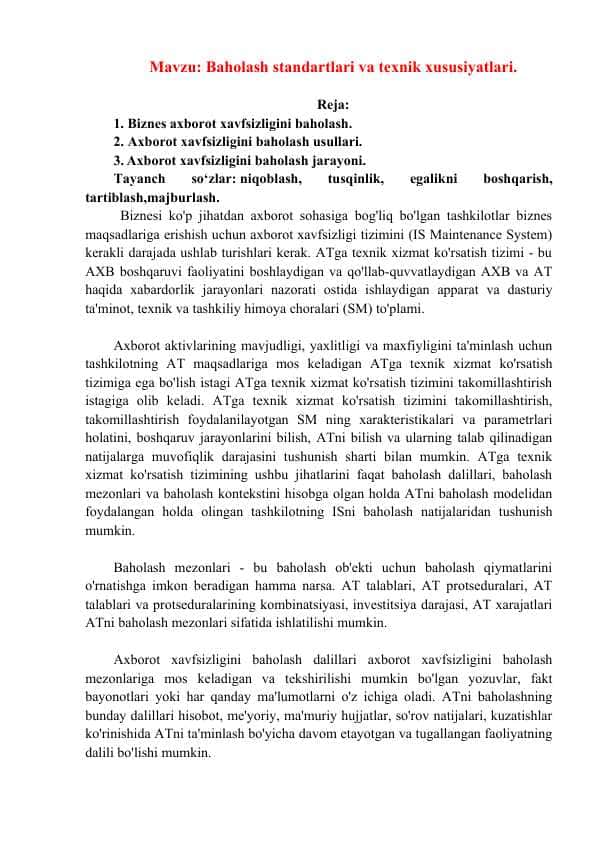 Baholash standartlari va texnik xususiyatlari
