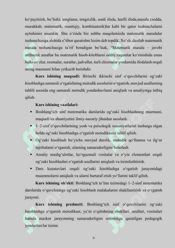 BOSHLANG‘ICH SINFLARDA MATEMATIKADAN OG‘ZAKI HISOBLASHGA O‘RGATISH METODIKASI (1-2 SINFLAR MISOLIDA 4