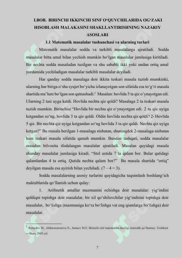 BOSHLANG‘ICH SINFLARDA MATEMATIKADAN OG‘ZAKI HISOBLASHGA O‘RGATISH METODIKASI (1-2 SINFLAR MISOLIDA 7