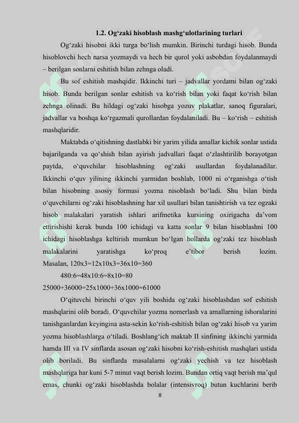 BOSHLANG‘ICH SINFLARDA MATEMATIKA DARSLARIDA O‘QUVCHILARNING  OG‘ZAKI HISOB MALAKALARINI SHAKLLANTIRISH 8