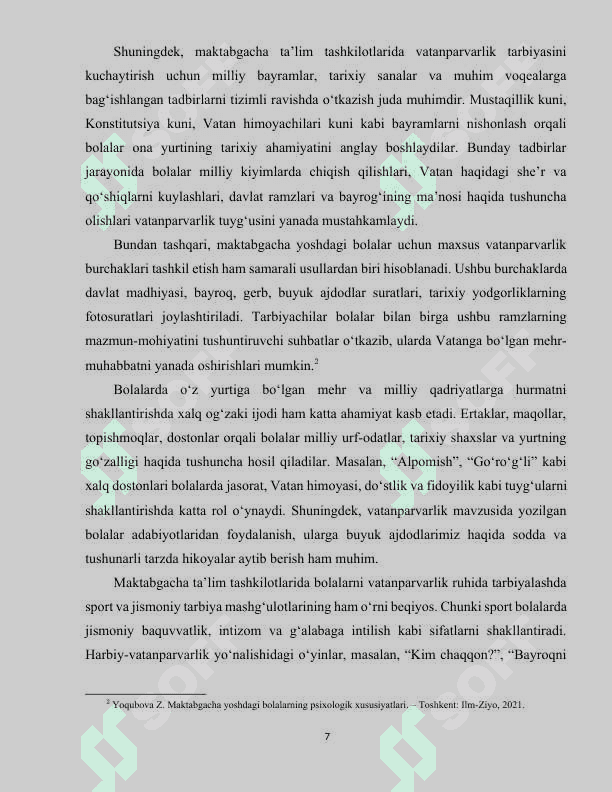 Bolalarni vatanparvarlik ruhida tarbiyalashda maktabgacha ta’lim tashkilotining o‘rni 7