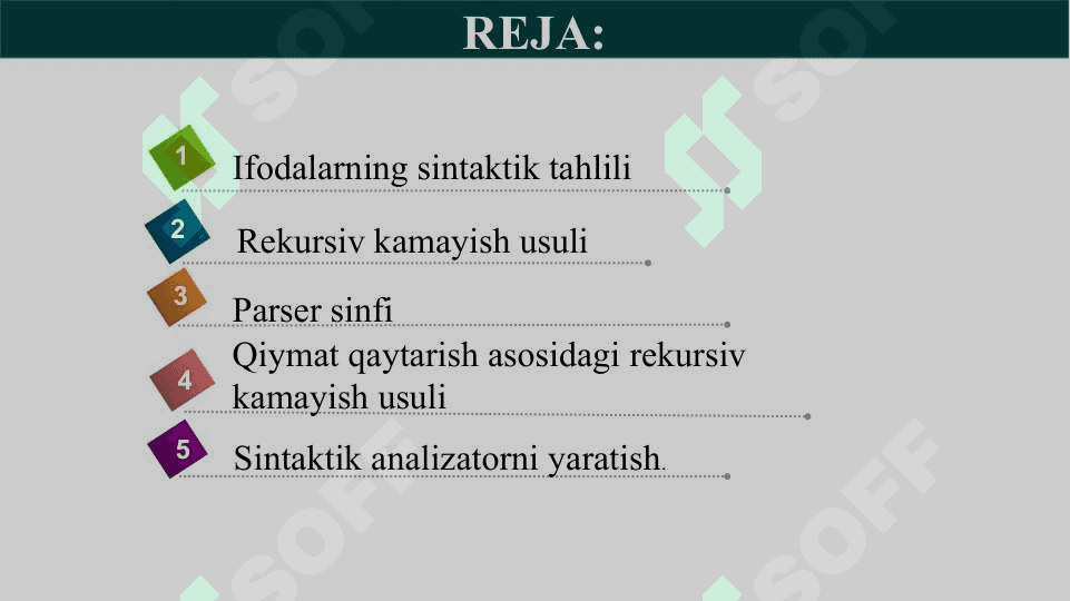 Sintaktik tahlil.Ifodalarning sintaktik tahlili. Parser sinfi. Sintaktik analizatorlarni yaratish. 2