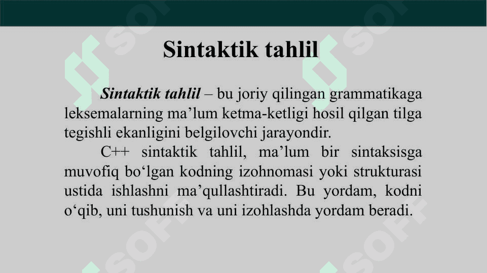 Sintaktik tahlil.Ifodalarning sintaktik tahlili. Parser sinfi. Sintaktik analizatorlarni yaratish. 3