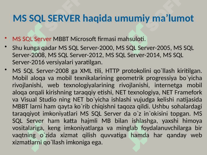SQL server ma’lumotlar bazasini boshqarish tizimi 2