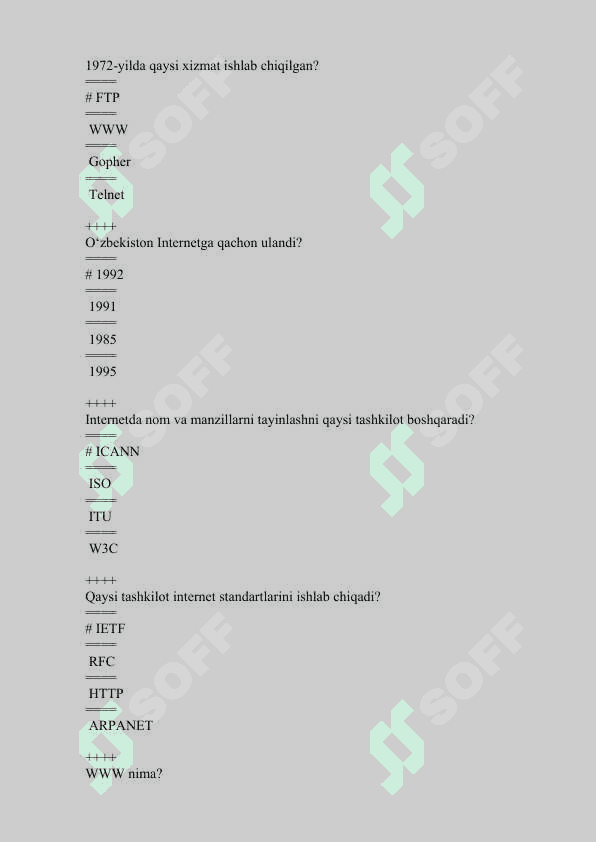 Internet tarmoqlari va xizmatlari fanidan yakuniy test javoblari 2