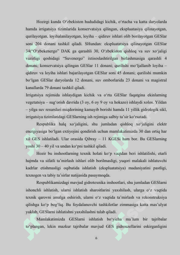 Qibray” GESini ekspluatatsiya qilish loyihasini ishlab chiqish. 6