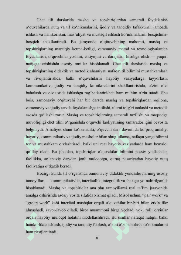 CHET TILI DARSLARIDA MASHQ VA TOPSHIRIQLAR 7