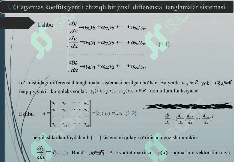 Chiziqli o’zgarmas koeffitsiyentli bir jinsli differensial tenglamalar sistemasi muvozanat nuqtasining klassifikatsiyasi 6