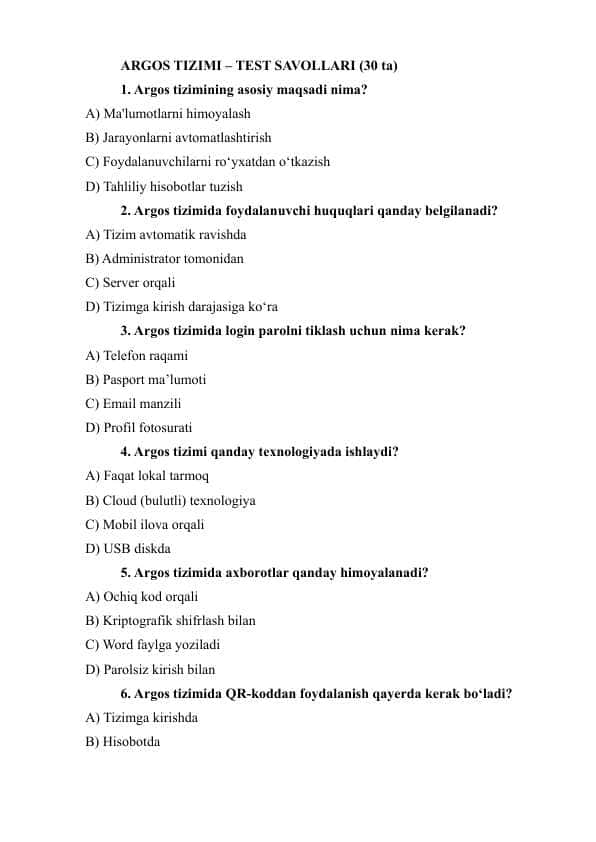 ARGOS TIZIMI – TEST SAVOLLARI (30 ta)