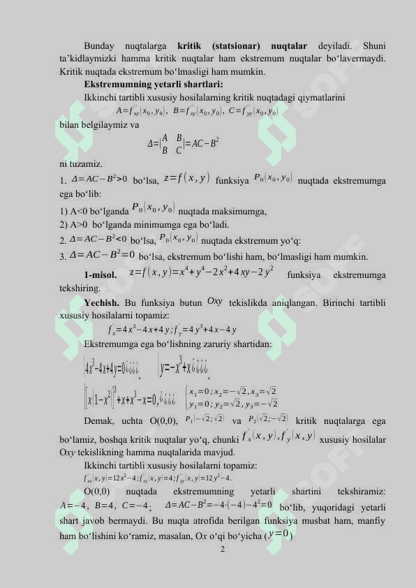 IKKI OʻZGARUVCHILI FUNKSIYANING EKSTRЕMUMLARI. YOPIQ SOHADA FUNKSIYANING ENG KATTA VA ENG KICHIK QIYMATLARI. 2