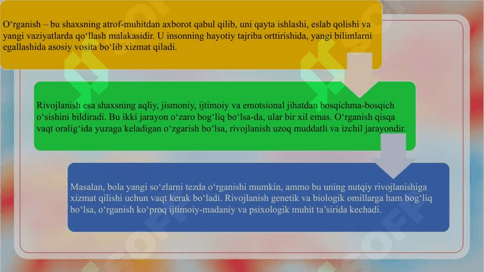 O‘rganish va rivojlanishning o‘zaro munosabati. O‘rganish darajasini belgilovchi omillar   slayd 4